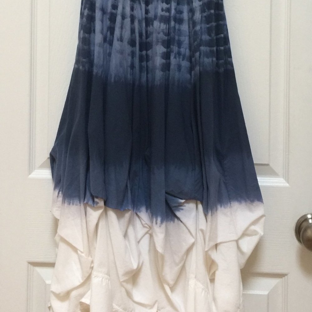 Shibori-style hippe dress with bustle skirt